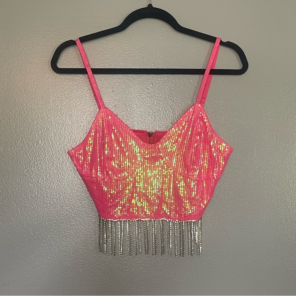 Women’s Pink Sequin Cropped Cami - Fringe Diamond Chain